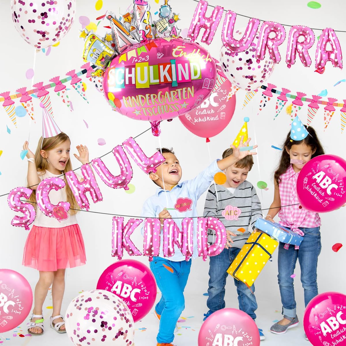iZoeL SCHULKIND Deko Einschulung Mädchen, HURRA SCHULKIND Girlande + Zuckertüten Girlande + SCHULKIND Folienballon + 15 Luftballon + 16 Konfetti Schulanfang Schuleinführung Deko
