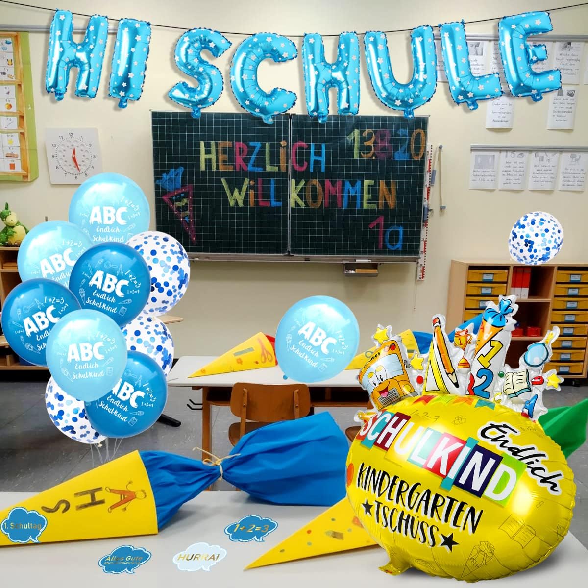 iZoeL Einschulung Deko Jungen Blau HURRA SCHULE Girlande + SCHULKIND Folienballon + 15 Schulanfang Luftballon + 14 Deko Konfetti Schuleinführung Einschulungsfeier Dekoration