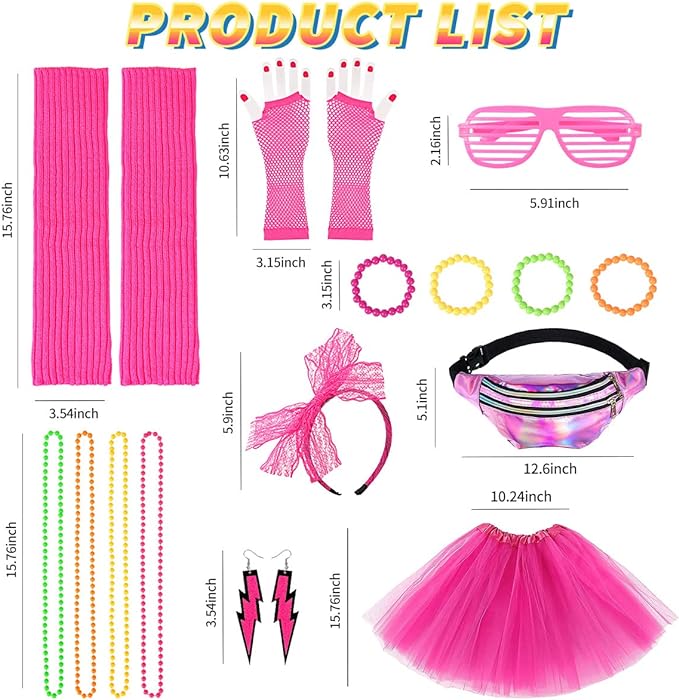 iZoeL 80er Jahre Kostüm Damen, 80er Outfit 80er Kleidung, 15tgl. Ink. Tutu Rock Bauchtasche Haarreif Brille Armband Halskette Ohrringe, 80er Retro Party Accessoires