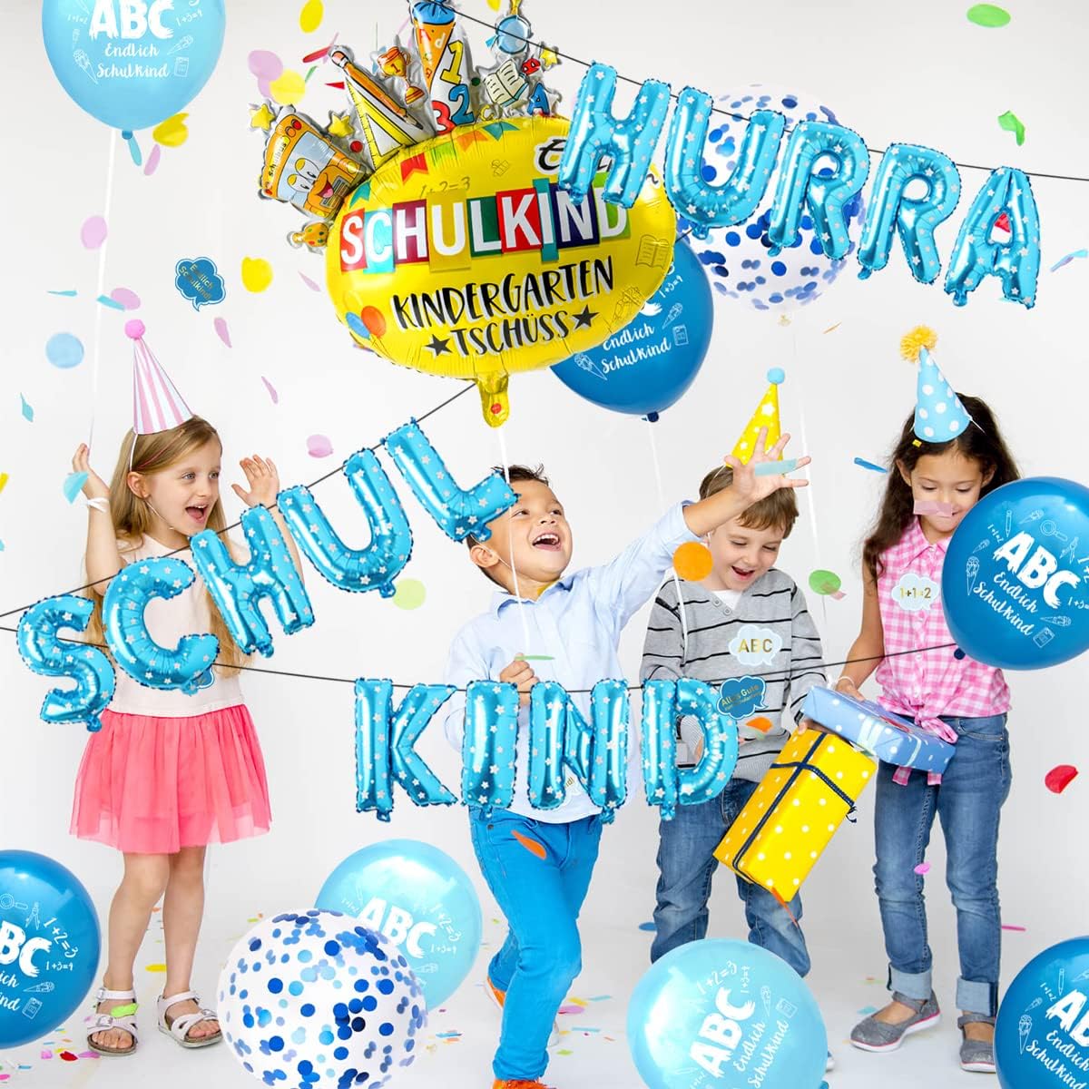 iZoeL Einschulung Deko Jungen Blau HURRA SCHULE Girlande + SCHULKIND Folienballon + 15 Schulanfang Luftballon + 14 Deko Konfetti Schuleinführung Einschulungsfeier Dekoration
