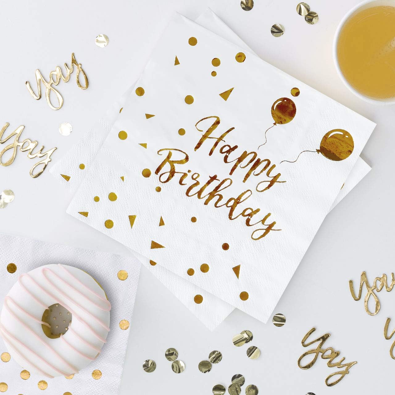 iZoeL 50Stk Geburtstag Servietten Gold Happy Birthday Servietten 33x33cm 3-lagig Pink Papierservietten für Mann Frau Mädchen Party Deko (Rose Gold Happy Birthday) (Weiß+Gold HB)