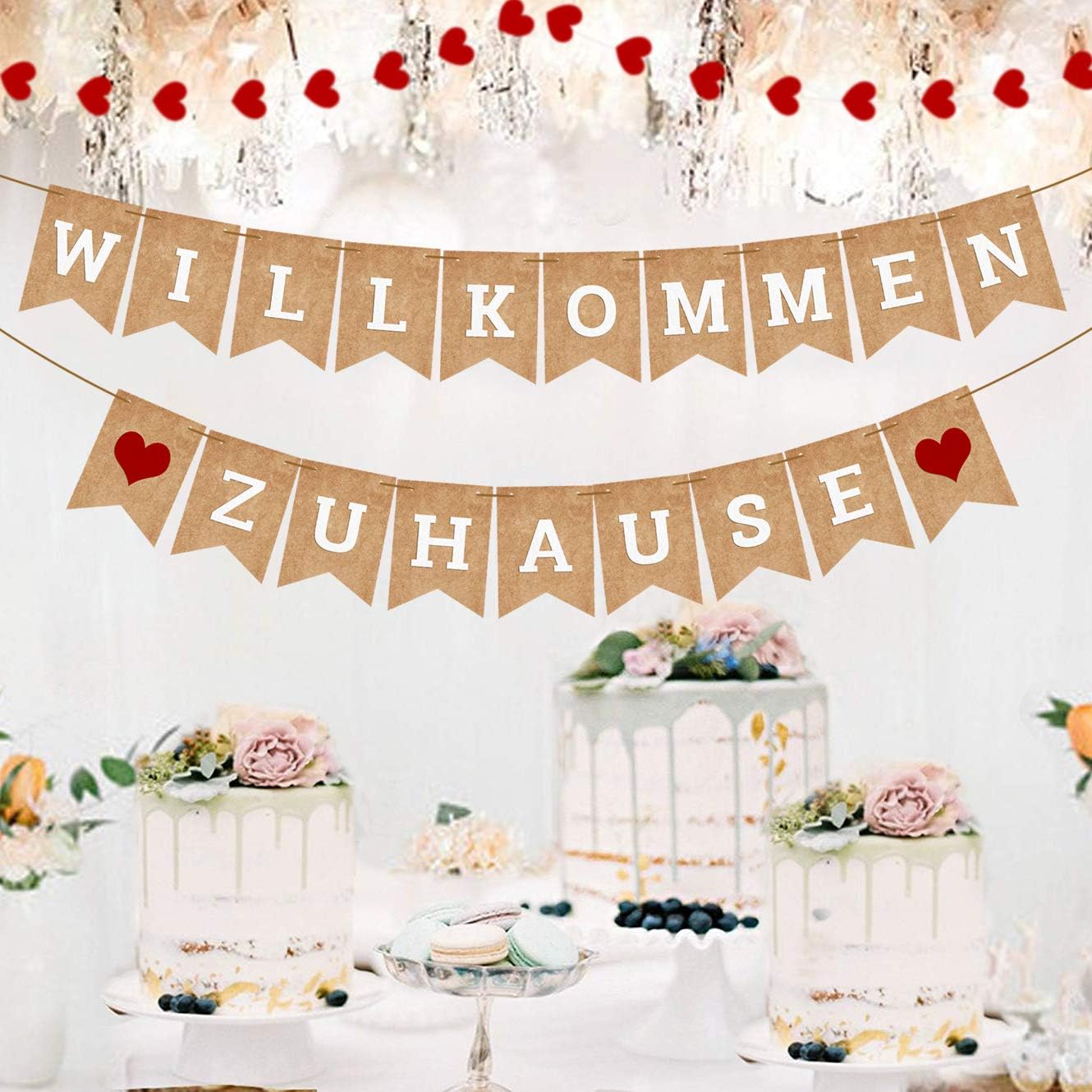 iZoeL Willkommen Zuhause Girlande Herze Banner mit Schnuren (Retro Papier)