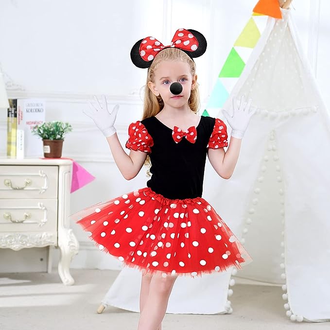 iZoeL Mädchen Maus Mouse Kostüm Rot Tutu mit weiß Gepunktet + Haarreifen mit Maus Ohren + Handschuhe + Nase für Halloween Birthday Fasching Karneval Motto Cosplay Party