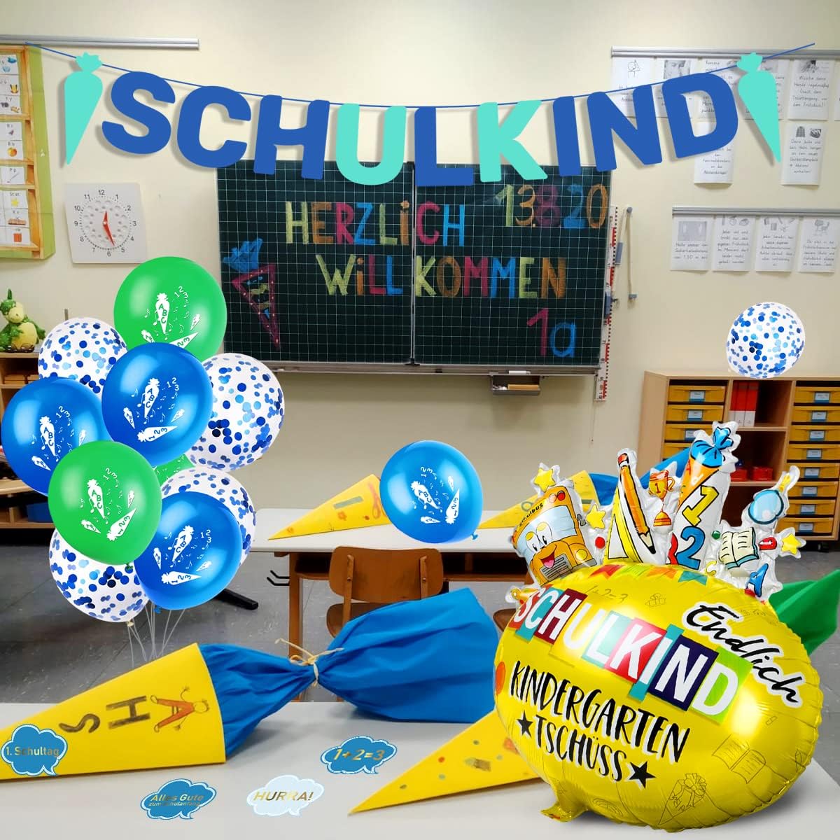 iZoeL Einschulung Deko Jungen SCHULKIND Zuckertüte Girlande + Einschulung Folienballon + 15 Schulanfang Luftballon + 14 Deko Konfetti Schuleinführung Einschulungsfeier Dekoration