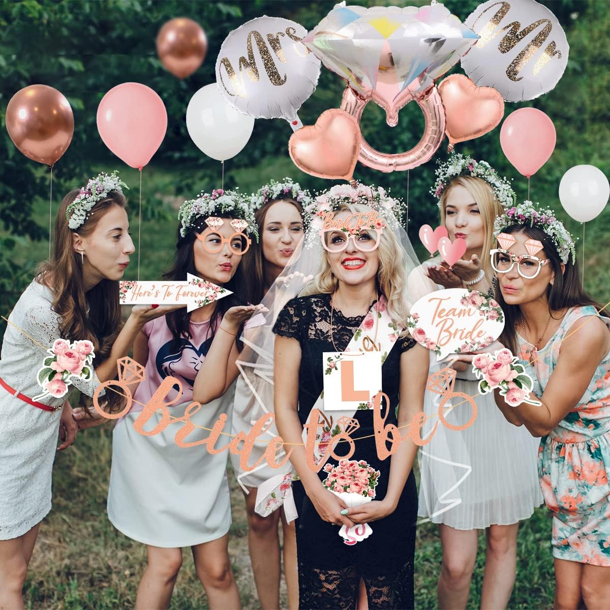 iZoeL Bride to be Deko Junggesellinnenabschied Accessoires Frauen, Bride to be Girlande Schärpe Schleier, JGA Foto-Booth Requisiten, JGA Party Dekoration Luftballon Folienballon (Rosegold)