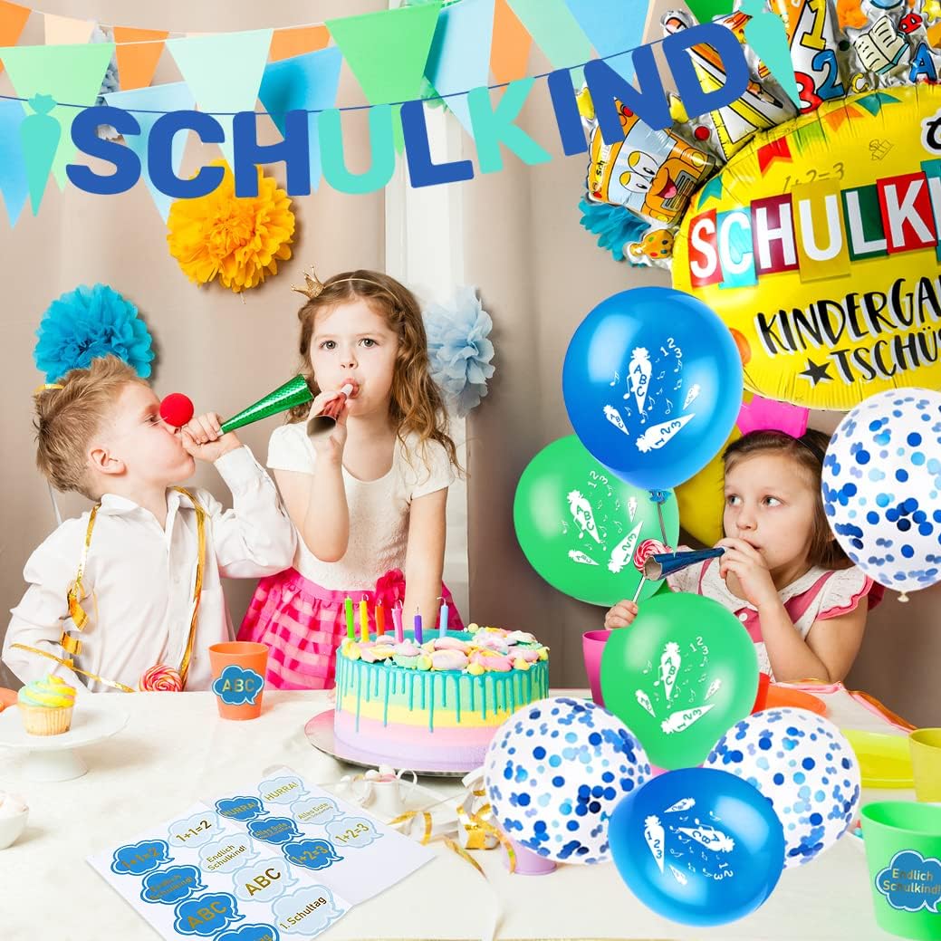 iZoeL Einschulung Deko Jungen SCHULKIND Zuckertüte Girlande + Einschulung Folienballon + 15 Schulanfang Luftballon + 14 Deko Konfetti Schuleinführung Einschulungsfeier Dekoration