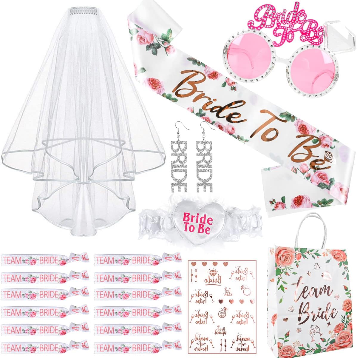 iZoeL 18 Pcs JGA Bride to be Deko Junggesellinnenabschied Accessoires Frauen, Bride to be Schärpe Schleier Party Brille Ohrringe, Team Bride Armbänder Tattoo(Rosa)