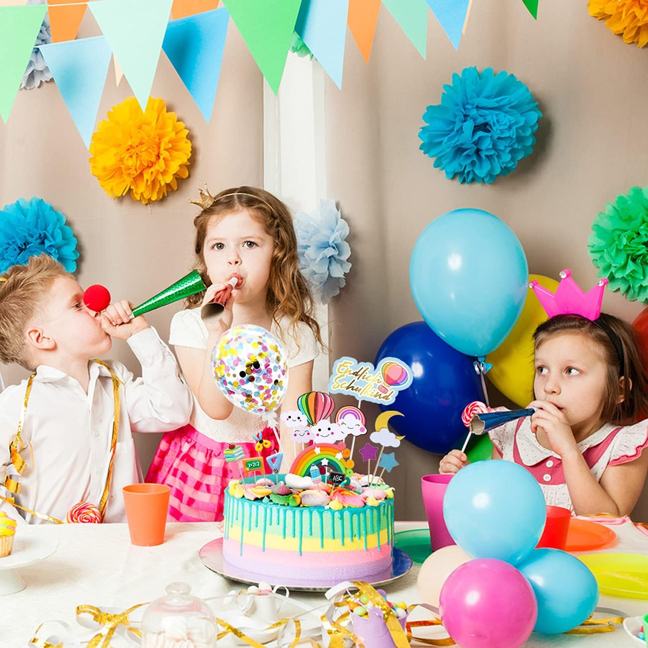 iZoeL Tortendeko Einschulung Schulanfang Kuchen Deko Endlich Schulkind Cake Topper Regenbogen Konfetti Ballon ABC 123 Tortenaufsätze für Mädchen Junge