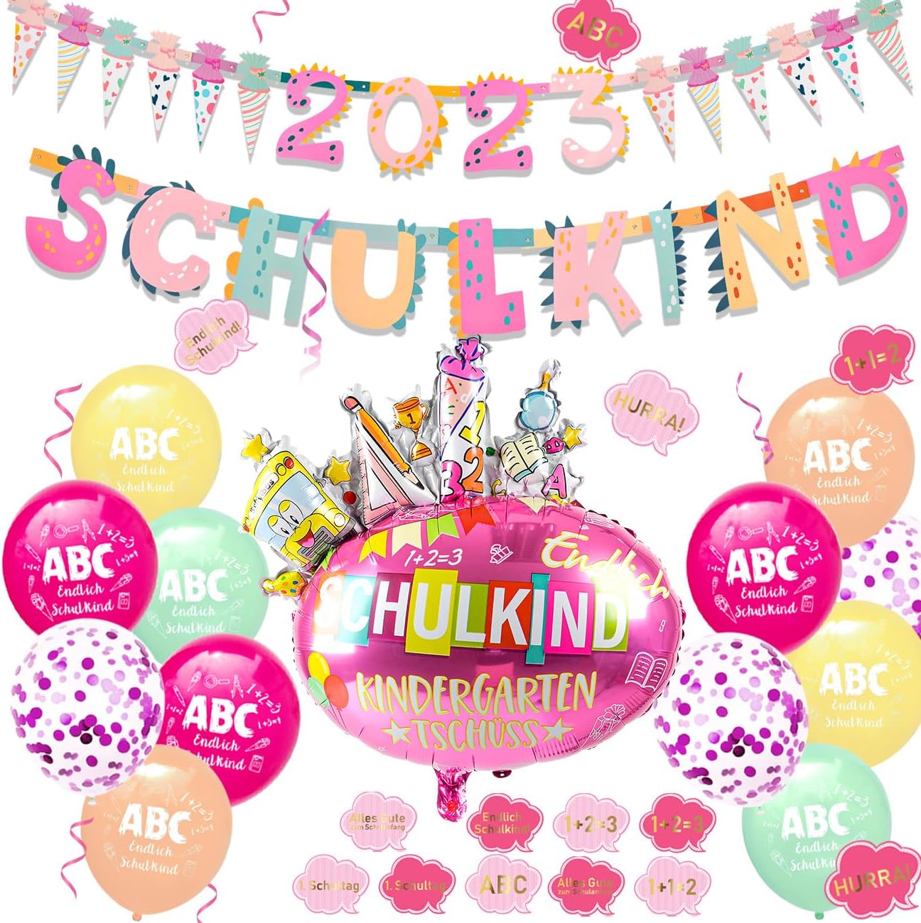 iZoeL SCHULKIND 2023 Deko Einschulung Mädchen, SCHULKIND Girlande + 2023 Zuckertüten Girlande + SCHULKIND Folienballon + 15 Luftballon + 16 Konfetti Schulanfang Schuleinführung Deko