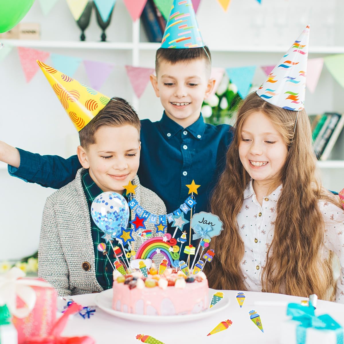 iZoeL Tortendeko Einschulung Junge Blau Schulkind Girlande Schulanfang Kuchendeko Zuckertüte Kuchen Deko ABC 123 Ballon Tortenaufsätze Torten Cupcake Muffin Topper