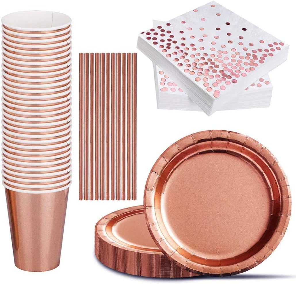 iZoeL 120 STK Rosegold Partygeschirr Set Pappteller Servietten Partybecher Papier Strohhalme je 30Stück für Geburtstag Hochzeit Party Tafeldeko