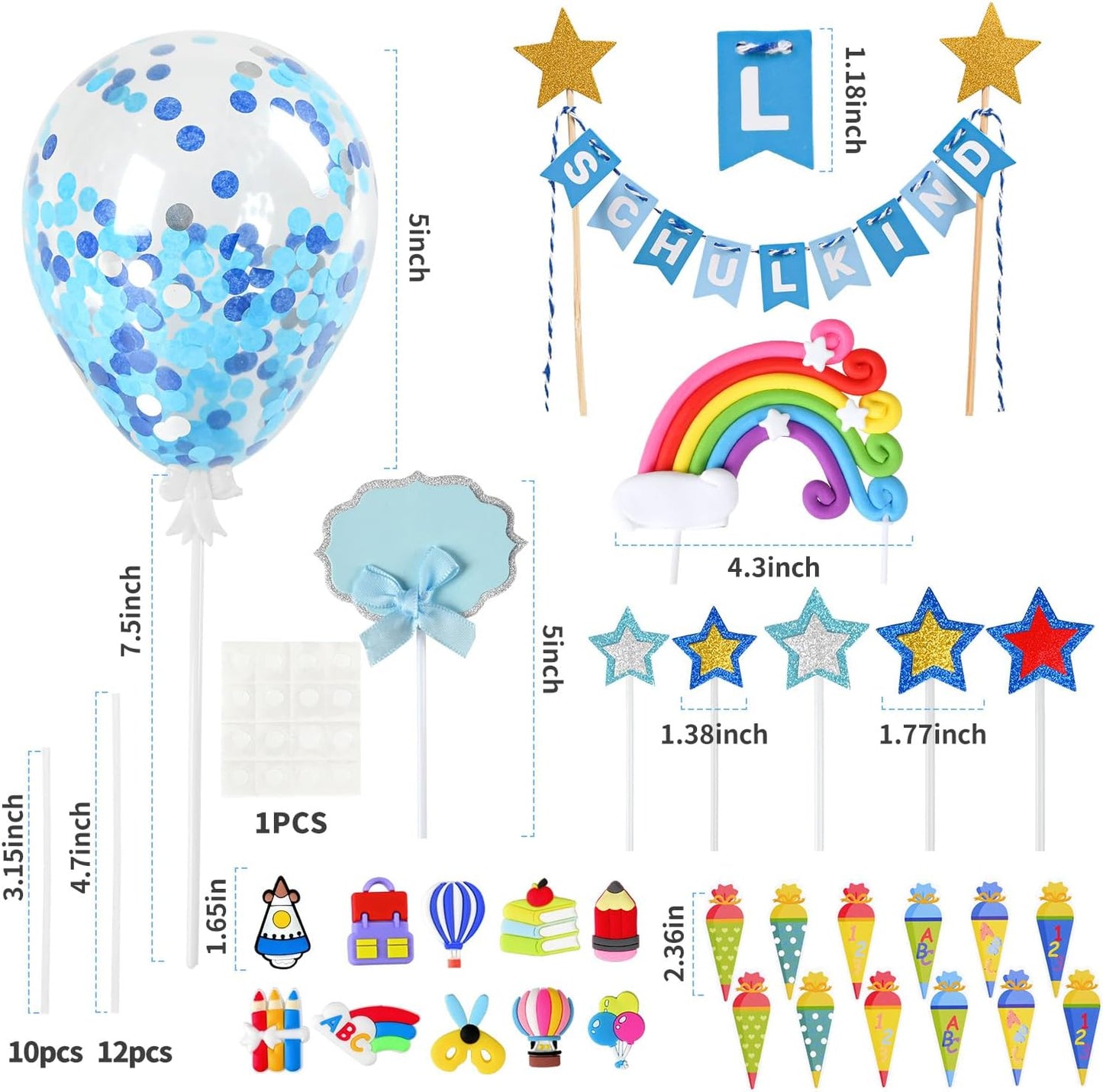 iZoeL Tortendeko Einschulung Junge Blau Schulkind Girlande Schulanfang Kuchendeko Zuckertüte Kuchen Deko ABC 123 Ballon Tortenaufsätze Torten Cupcake Muffin Topper