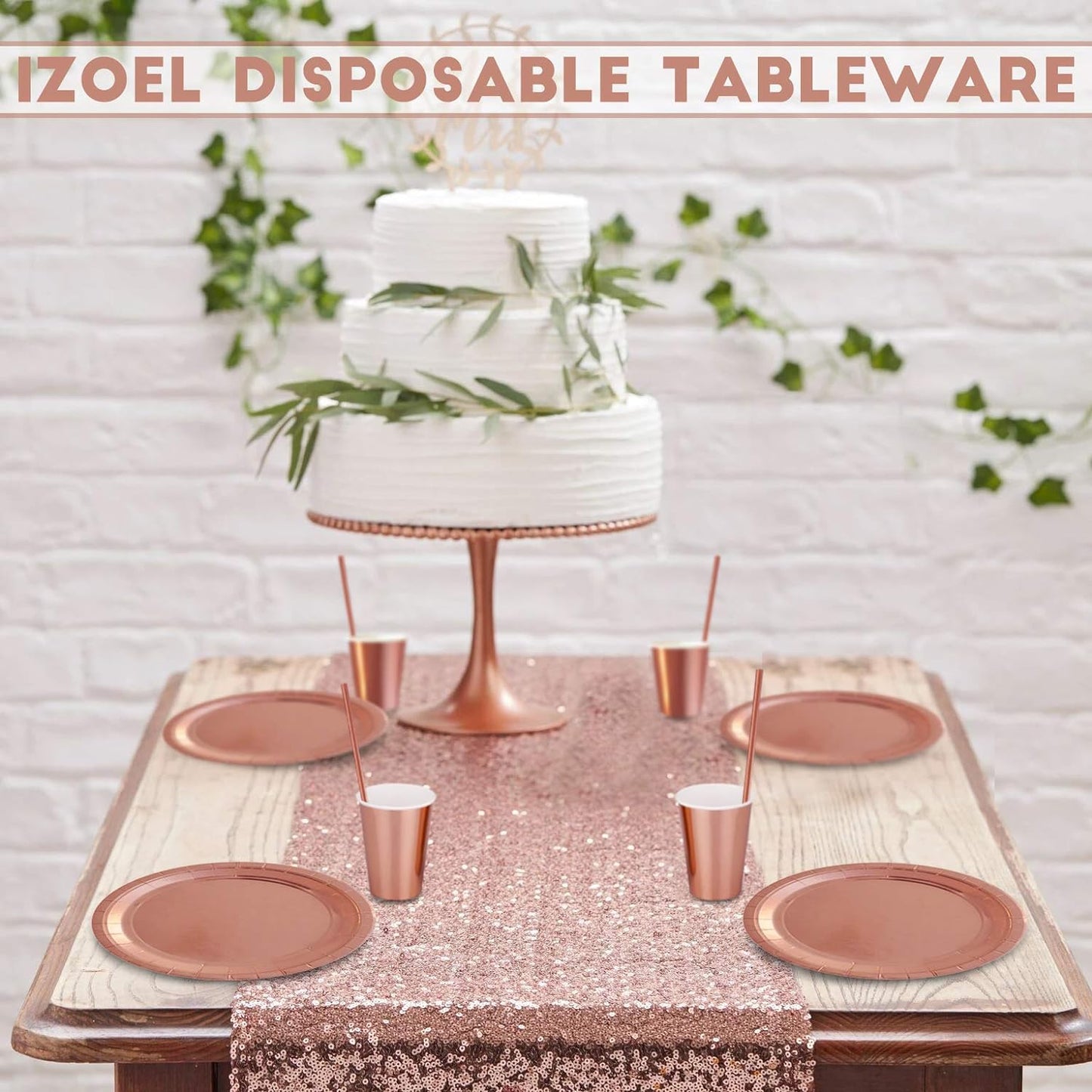 iZoeL 60 Party Cups 9oz (ca 266 ml) Roségold und 60 Strohhalme Einwegpapier Geschirr Einwegbecher Party Geschirr Set für Kindergeburtstagsfeiern