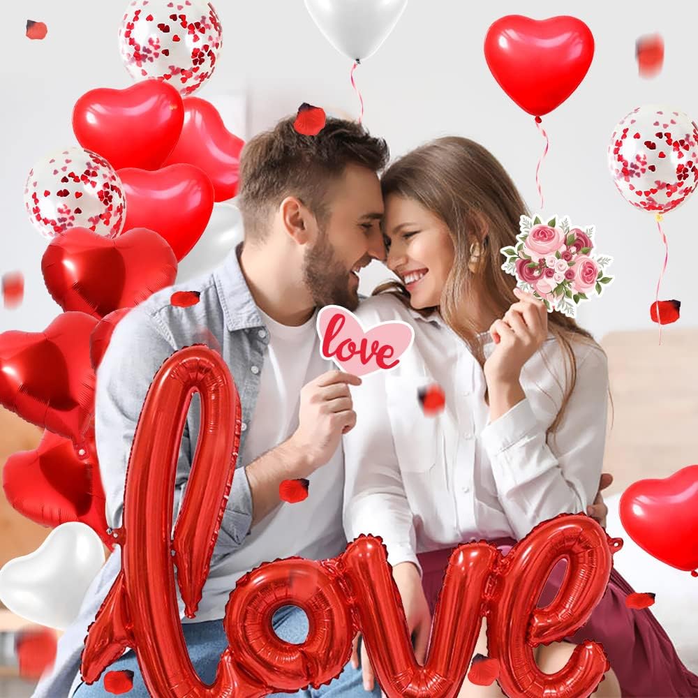 iZoeL Valentinstag Deko 50 Herz Teelichte 16 Herze Luftballon Love Folienballon 1000 Rosenblätter Romantische Tisch Deko für Geburtstag Vorschlag Hochzeit Verlobung
