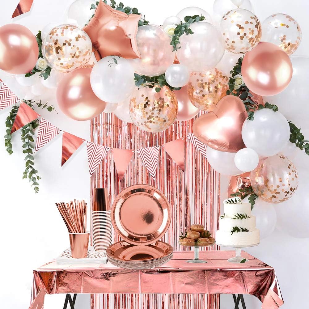 iZoeL Rosegold Partygeschirr Partydeko Pappteller Partybecher Servietten Strohhalme für 16 Gäste Girlande Tischdecke Vorhänge Luftballon für Geburtstag Hochzeit Party (Rosegold)
