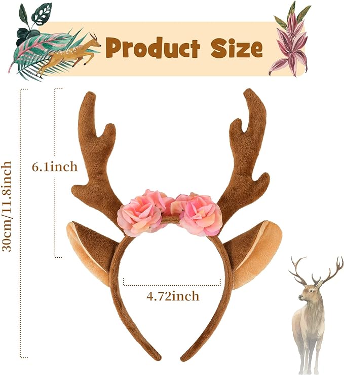 iZoeL Karneval Kostüm Damen Mädchen, Haarreif Reh Geweih Hörner mit Blumen + Reh Gesichtstattoo, Damen Kinder Fasching Kopfschmuck Haarreifen