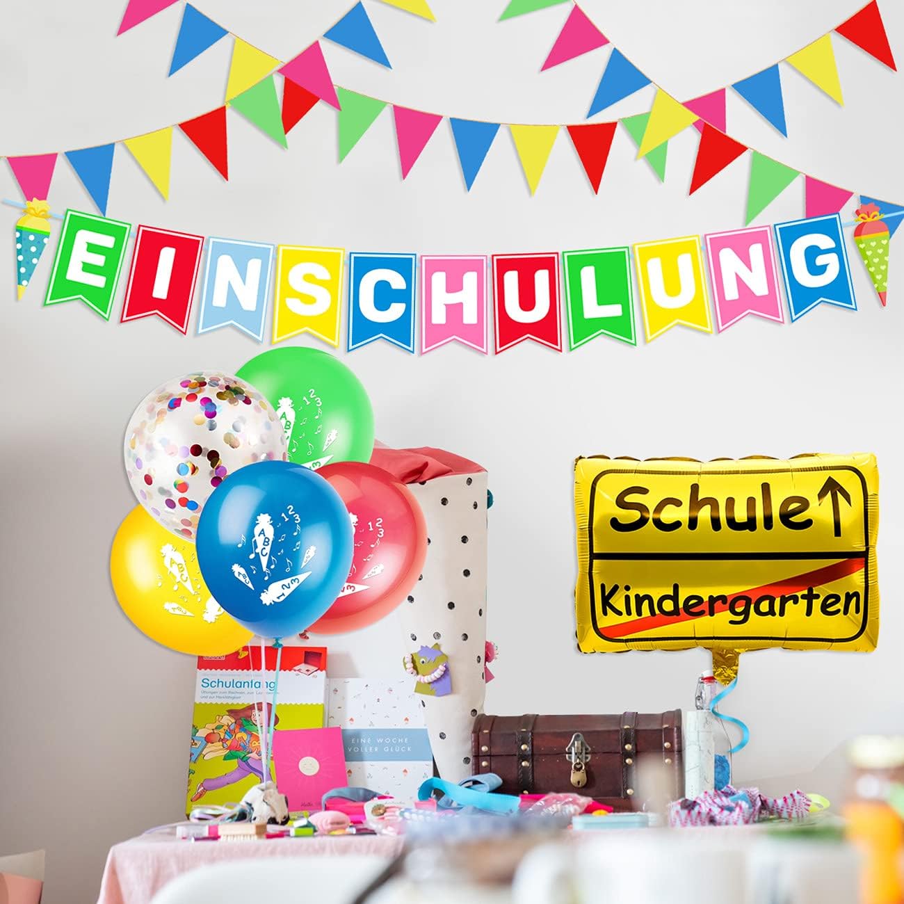iZoeL Schulanfang Deko Jungen Mädchen, Einschulung Girlande Alles Gute Zum Schulanfang + 40m Wimpelkette + Einschulung Luftballon + Einschulung Konfetti + Folienballon