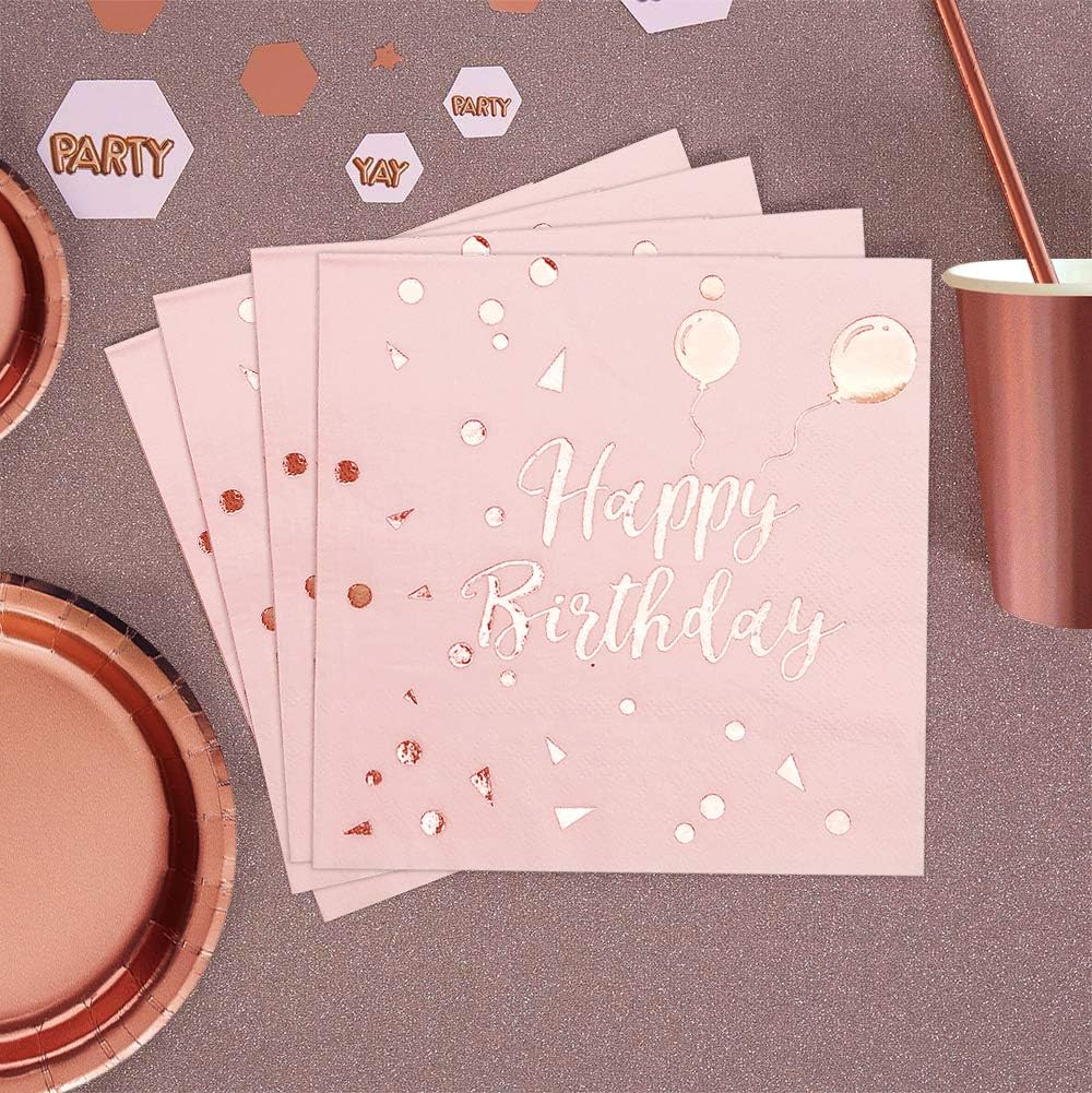 iZoeL 50Stk Geburtstag Servietten Gold Happy Birthday Servietten 33x33cm 3-lagig Pink Papierservietten für Mann Frau Mädchen Party Deko (Rose Gold Happy Birthday) (Rosa+Rosegold HB)