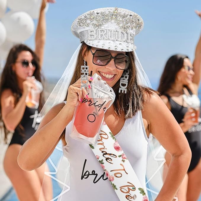 iZoeL Bride to be Hut JGA Brauthut Junggesellinnenabschied Set Frauen,JGA Dekoset Brautmütze Schirmmütze Bride to be Schärpe Schleier Ohrringe Bride Karte Bride Accessoires für Hochzeit Party (Weiß