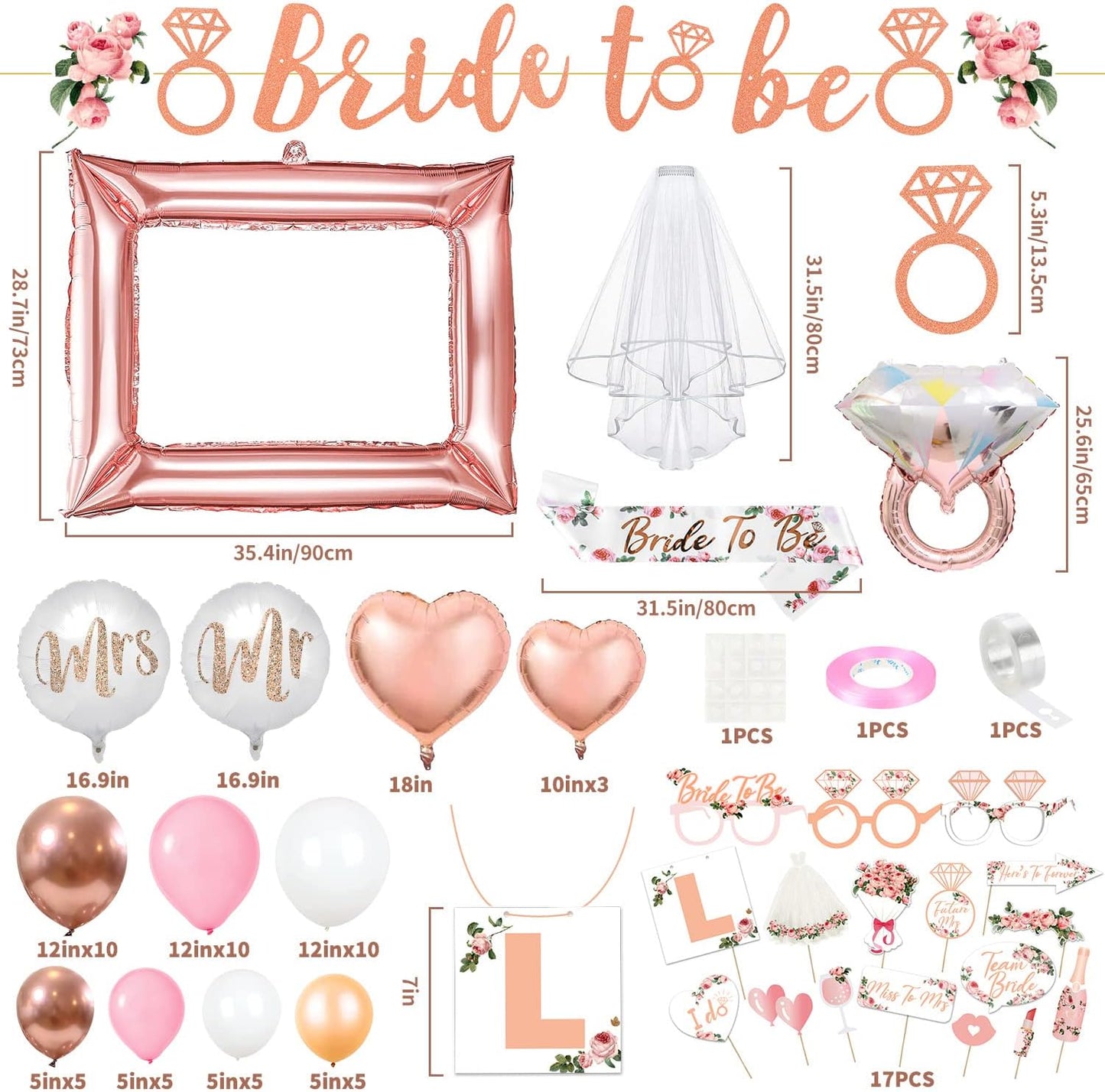 iZoeL Bride to be Deko Junggesellinnenabschied Accessoires Frauen, Bride to be Girlande Schärpe Schleier, JGA Foto-Booth Requisiten, JGA Party Dekoration Luftballon Folienballon (Rosegold)