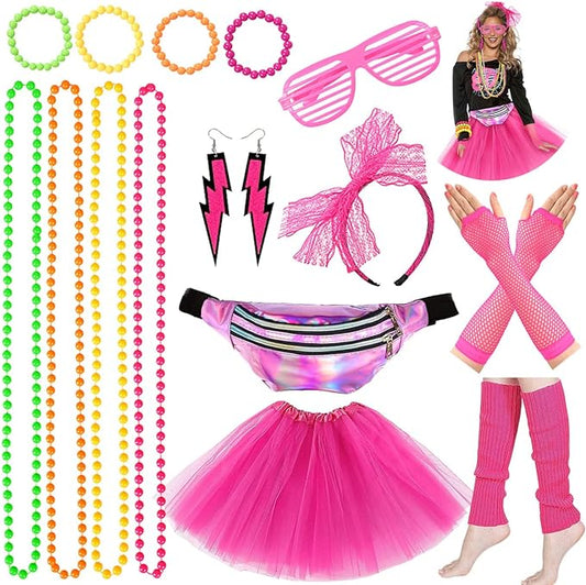 iZoeL 80er Jahre Kostüm Damen, 80er Outfit 80er Kleidung, 15tgl. Ink. Tutu Rock Bauchtasche Haarreif Brille Armband Halskette Ohrringe, 80er Retro Party Accessoires