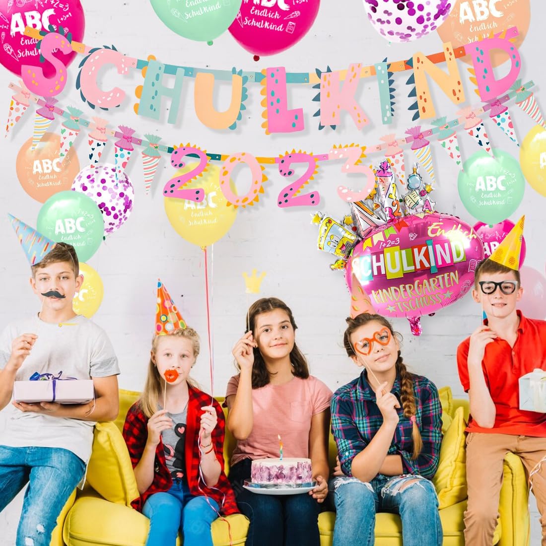 iZoeL SCHULKIND 2023 Deko Einschulung Mädchen, SCHULKIND Girlande + 2023 Zuckertüten Girlande + SCHULKIND Folienballon + 15 Luftballon + 16 Konfetti Schulanfang Schuleinführung Deko