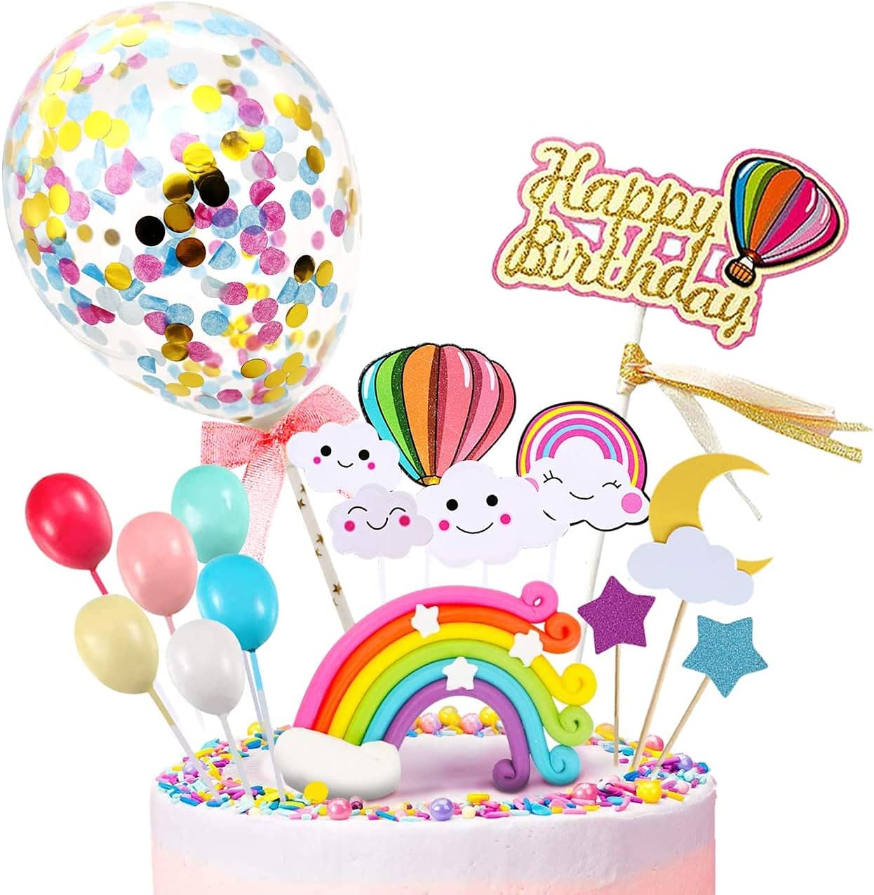iZoeL Kuchendeko Happy Birthday Tortendeko Geburtstag Cake Topper Regenbogen Konfetti Ballon Cupcake Muffin Deko für Mädchen Junge (Bunt happy birthday)