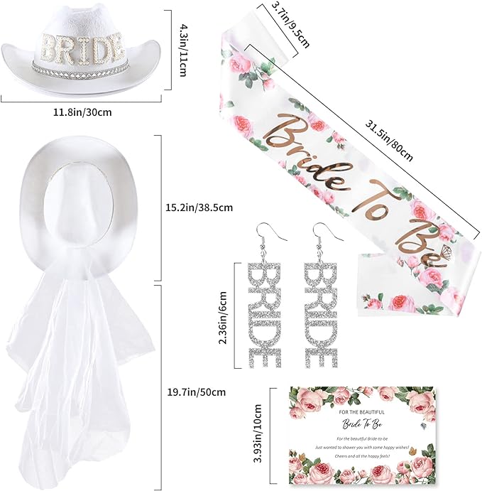 iZoeL Bride to be Hut JGA Brauthut Junggesellinnenabschied set Frauen,JGA Dekoset Brautmütze Bridehut Bride to be Schärpe Schleier Ohrringe Bride karte Bride Accessoires für Hochzeit Party(Weiß)