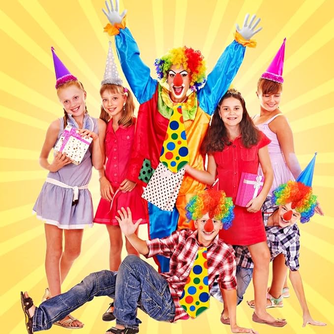 iZoeL Clown Kostüm Accessoire, Clown Lockenperücke + Clownsnase + Bunte Krawatte + Handschuhe, Fasching Karneval Kostüme für Kinder Damen Herren