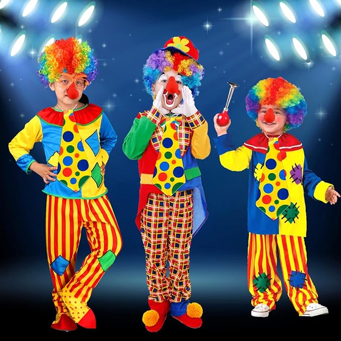 iZoeL Clown Kostüm Accessoire, Clown Lockenperücke + Clownsnase + Bunte Krawatte + Handschuhe, Fasching Karneval Kostüme für Kinder Damen Herren