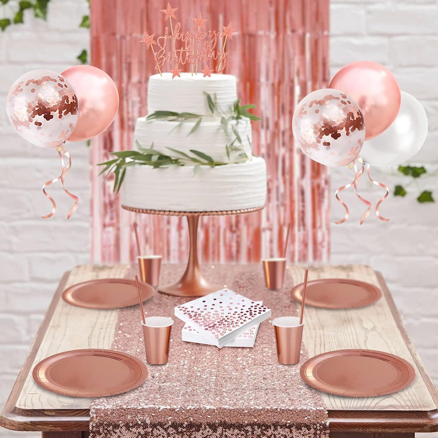 iZoeL Partydeko Set,Partygeschirre Happy Birthday Girlande Sterne Herz Folienballons Luftballons Tischdecke Vorhänge Pappteller Partybecher Servietten(Rosegold)