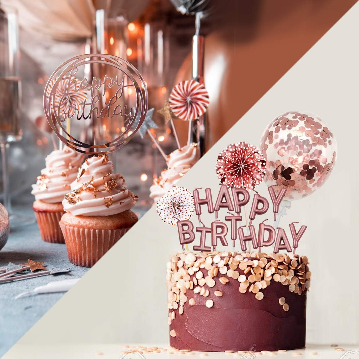 iZoeL Tortendeko Geburtstag Rosegold Happy Birthday Cake Topper Kerze Konfetti Luftballon Papierfächer Rosa Gold Kuchendeko