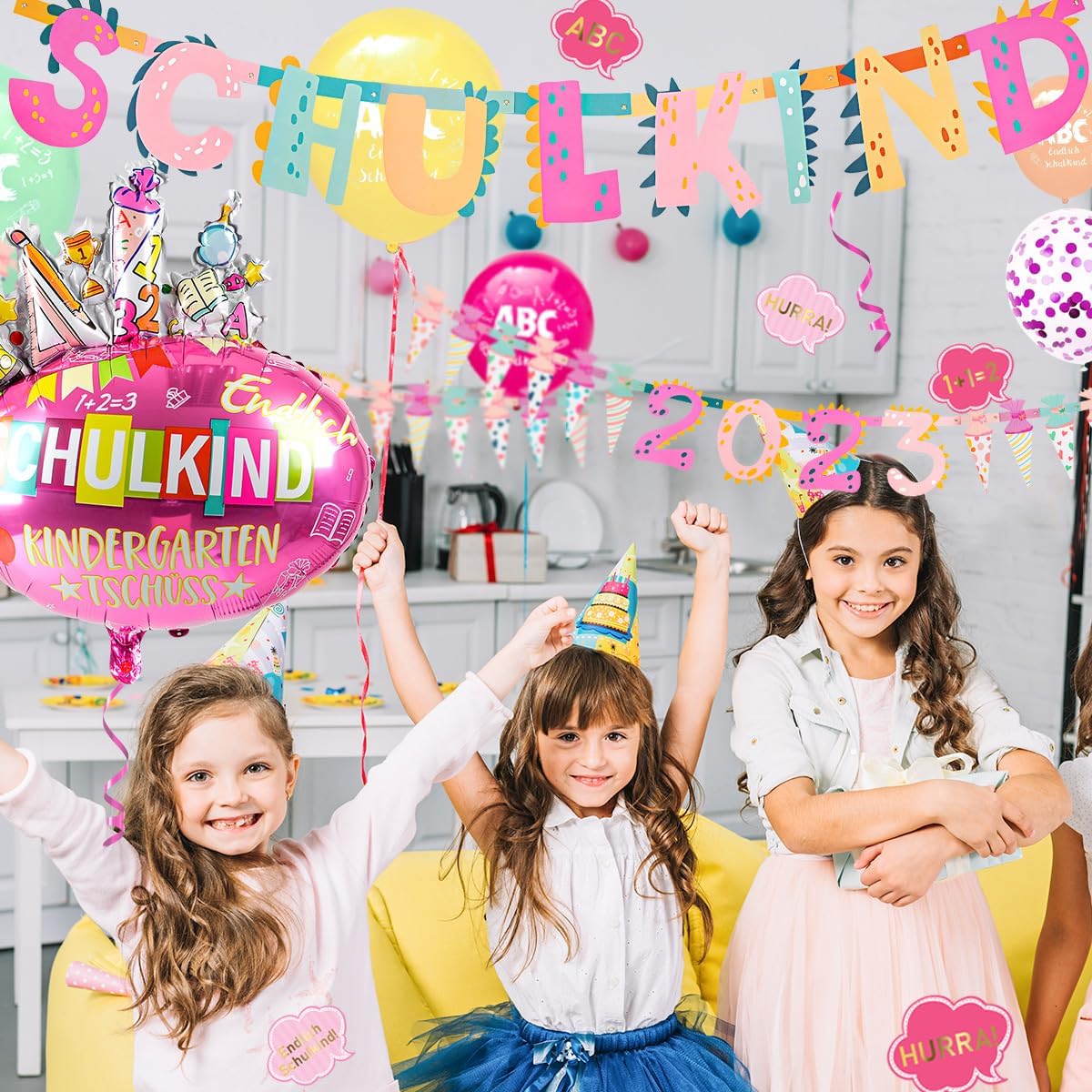 iZoeL SCHULKIND 2023 Deko Einschulung Mädchen, SCHULKIND Girlande + 2023 Zuckertüten Girlande + SCHULKIND Folienballon + 15 Luftballon + 16 Konfetti Schulanfang Schuleinführung Deko