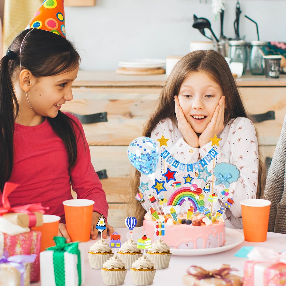 iZoeL Tortendeko Einschulung Junge Blau Schulkind Girlande Schulanfang Kuchendeko Zuckertüte Kuchen Deko ABC 123 Ballon Tortenaufsätze Torten Cupcake Muffin Topper