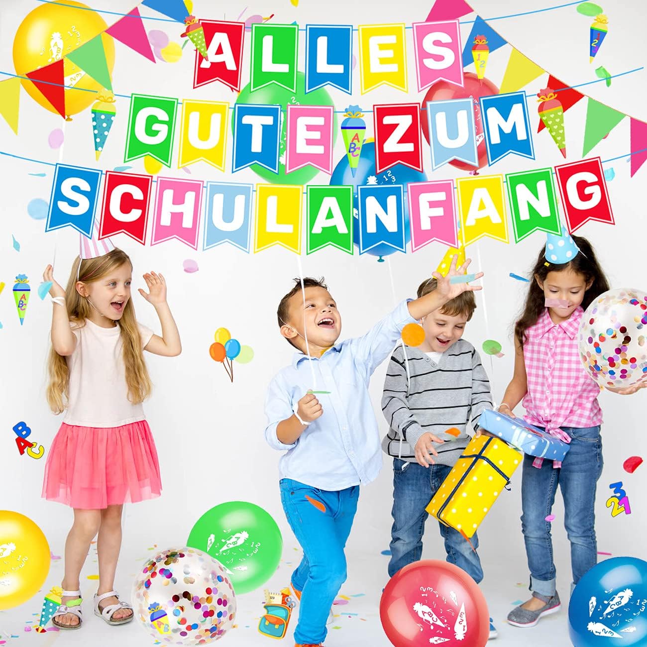 iZoeL Schulanfang Deko Jungen Mädchen, Einschulung Girlande Alles Gute Zum Schulanfang + 40m Wimpelkette + Einschulung Luftballon + Einschulung Konfetti + Folienballon