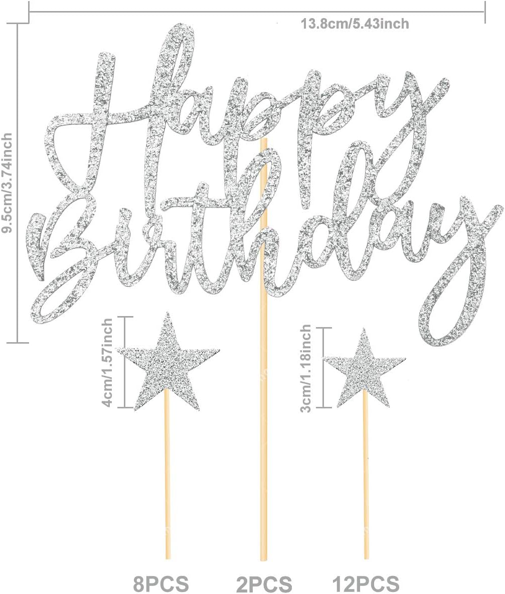 iZoeL Tortendeko Silber 2set Happy Birthday 20pcs Sterne Cake Topper Kuchendeko Silber Geburtstag Dekoration