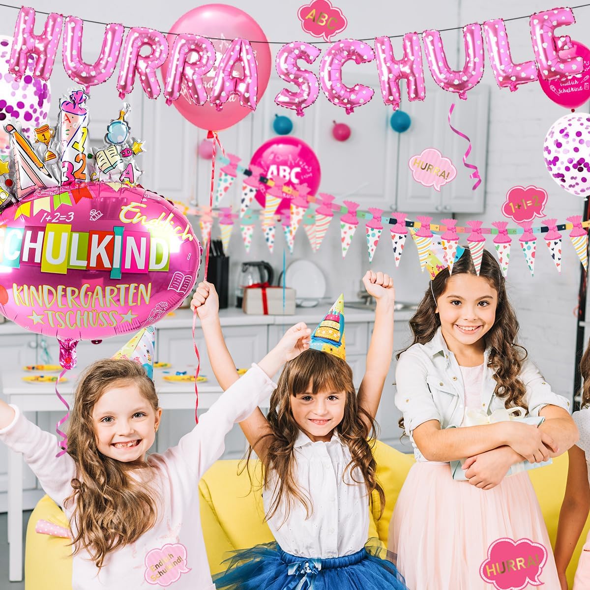 iZoeL SCHULKIND Deko Einschulung Mädchen, HURRA SCHULKIND Girlande + Zuckertüten Girlande + SCHULKIND Folienballon + 15 Luftballon + 16 Konfetti Schulanfang Schuleinführung Deko