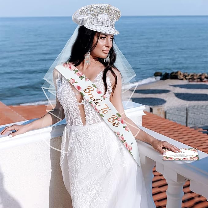 iZoeL Bride to be Hut JGA Brauthut Junggesellinnenabschied Set Frauen,JGA Dekoset Brautmütze Schirmmütze Bride to be Schärpe Schleier Ohrringe Bride Karte Bride Accessoires für Hochzeit Party (Weiß