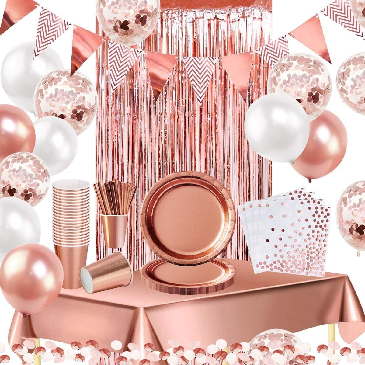 iZoeL Rosegold Partygeschirr Partydeko Pappteller Partybecher Servietten Strohhalme für 16 Gäste Girlande Tischdecke Vorhänge Luftballon für Geburtstag Hochzeit Party (Rosegold)