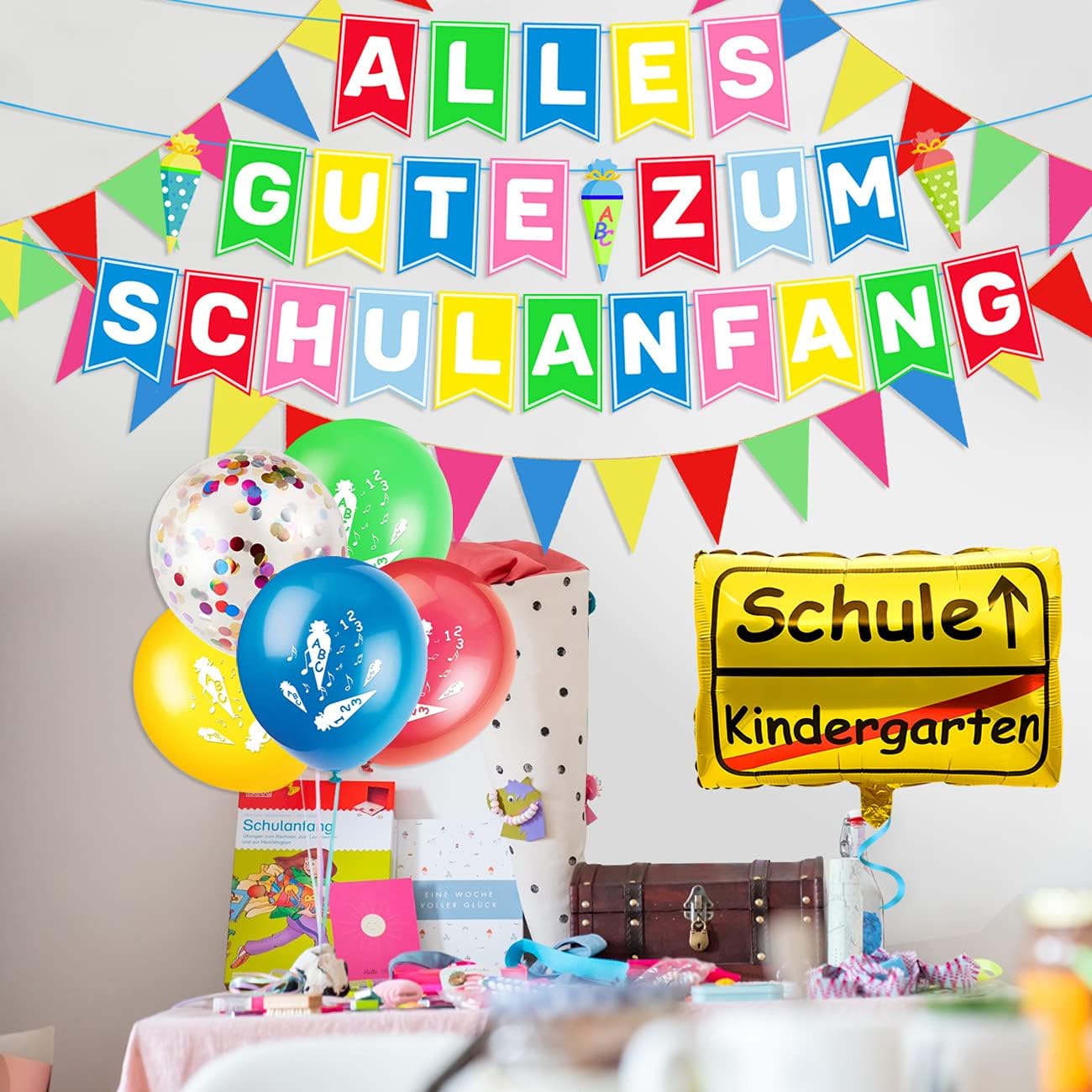 iZoeL Schulanfang Deko Jungen Mädchen, Einschulung Girlande Alles Gute Zum Schulanfang + 40m Wimpelkette + Einschulung Luftballon + Einschulung Konfetti + Folienballon