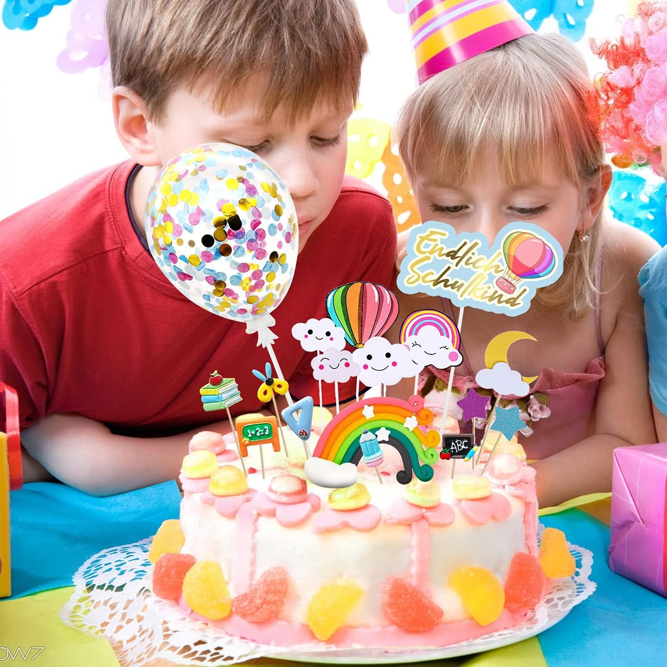 iZoeL Tortendeko Einschulung Schulanfang Kuchen Deko Endlich Schulkind Cake Topper Regenbogen Konfetti Ballon ABC 123 Tortenaufsätze für Mädchen Junge