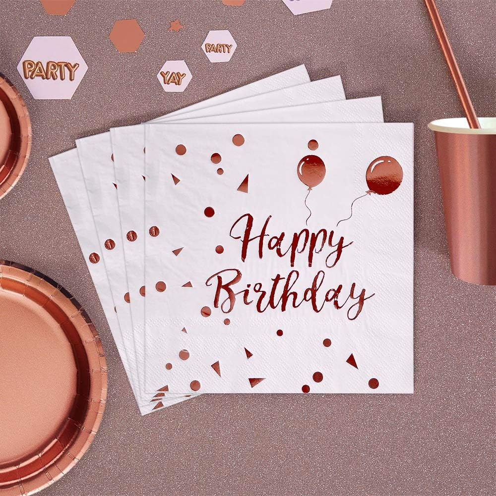 iZoeL 50Stk Geburtstag Servietten Gold Happy Birthday Servietten 33x33cm 3-lagig Pink Papierservietten für Mann Frau Mädchen Party Deko (Rose Gold Happy Birthday) (Weiß+Rosegold HB)