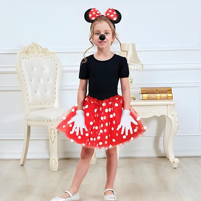 iZoeL Mädchen Maus Mouse Kostüm Rot Tutu mit weiß Gepunktet + Haarreifen mit Maus Ohren + Handschuhe + Nase für Halloween Birthday Fasching Karneval Motto Cosplay Party