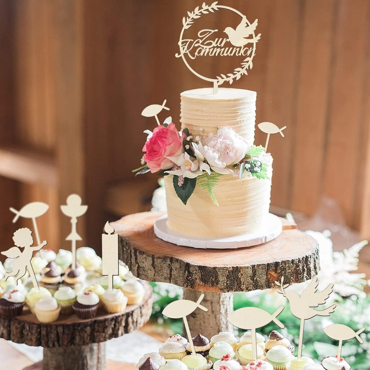 iZoeL Tortendeko Kommunion Holz Kuchendeko Cake Topper Taube Fisch Konfirmation Torten Topper Junge Mädchen, Meine Erstkommunion Kuchendeko - Cake Topper Taufe Erinnerung Kommunion(10 Stück)