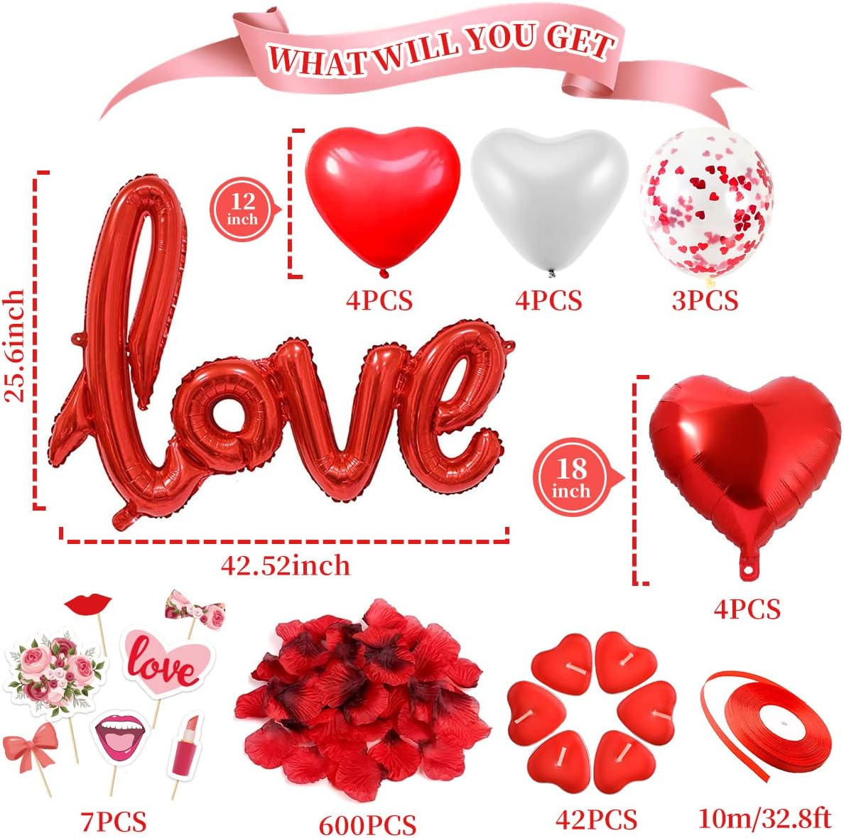 iZoeL Valentinstag Deko 50 Herz Teelichte 16 Herze Luftballon Love Folienballon 1000 Rosenblätter Romantische Tisch Deko für Geburtstag Vorschlag Hochzeit Verlobung