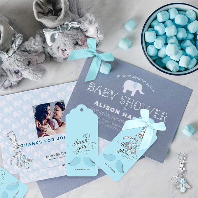 iZoel Dankeschön-Geschenk, blauer Engel, Schlüsselanhänger mit Schleifen und Engelsflügel, Dankeschön-Anhänger, Gastgeschenke für Babyparty, Brautparty, Hochzeitsanhänger, Partygeschenke 20 Stück