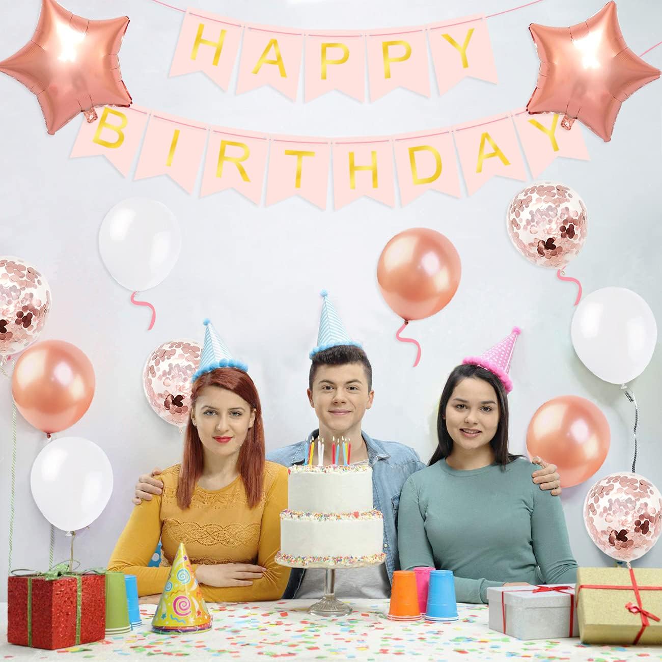 iZoeL Silvester Deko 2023 Party Set Rose Gold 2023 Silvesterparty Dekoration Set, Happy New Year Deko Girlande, Spiral Deckendeko, Luftballons zur Silvesterdeke Tortendeko Rose Gold