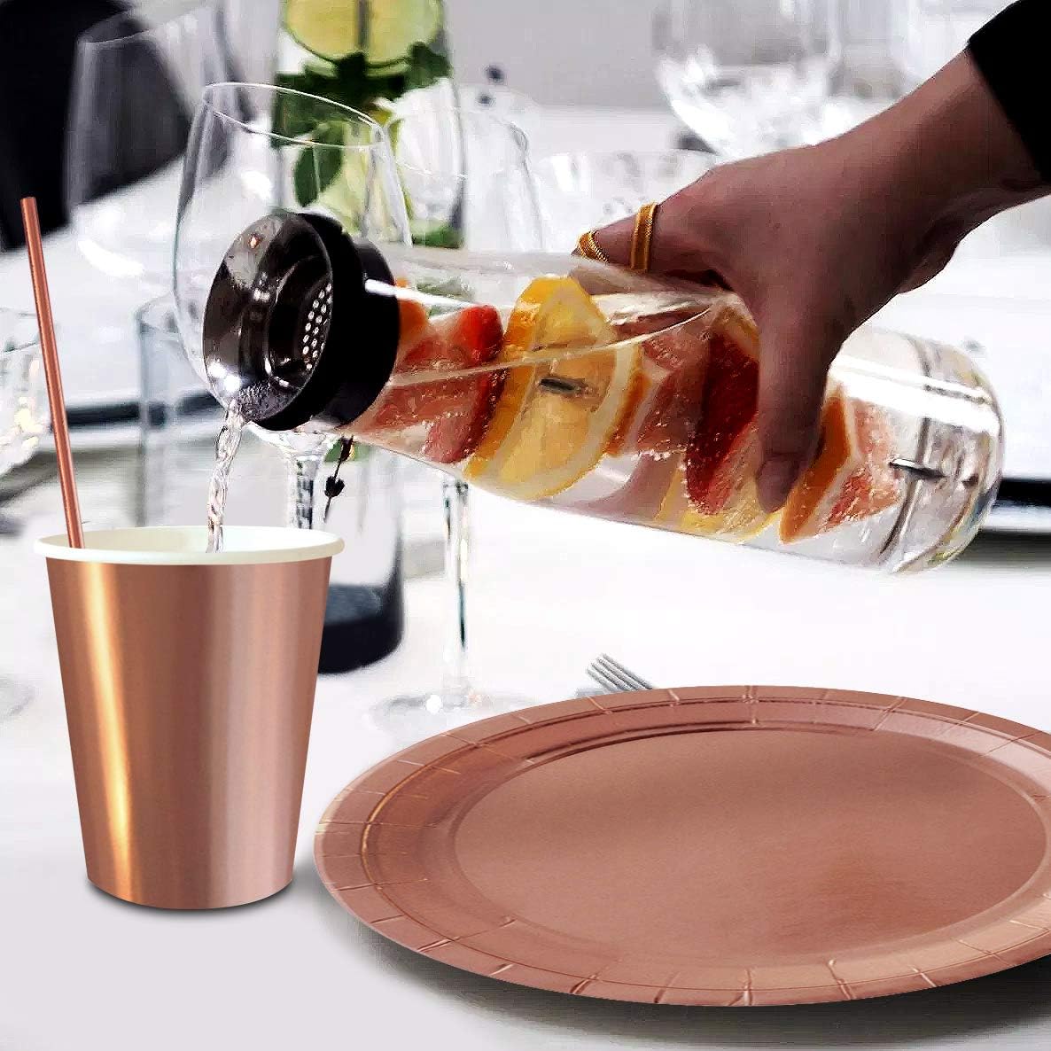 iZoeL 120 STK Rosegold Partygeschirr Set Pappteller Servietten Partybecher Papier Strohhalme je 30Stück für Geburtstag Hochzeit Party Tafeldeko