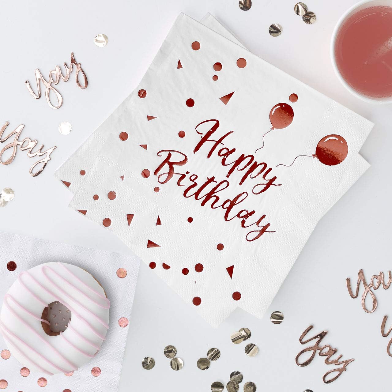 iZoeL 50Stk Geburtstag Servietten Gold Happy Birthday Servietten 33x33cm 3-lagig Pink Papierservietten für Mann Frau Mädchen Party Deko (Rose Gold Happy Birthday) (Weiß+Rosegold HB)
