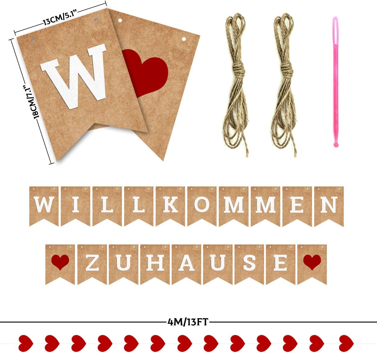 iZoeL Willkommen Zuhause Girlande Herze Banner mit Schnuren (Retro Papier)